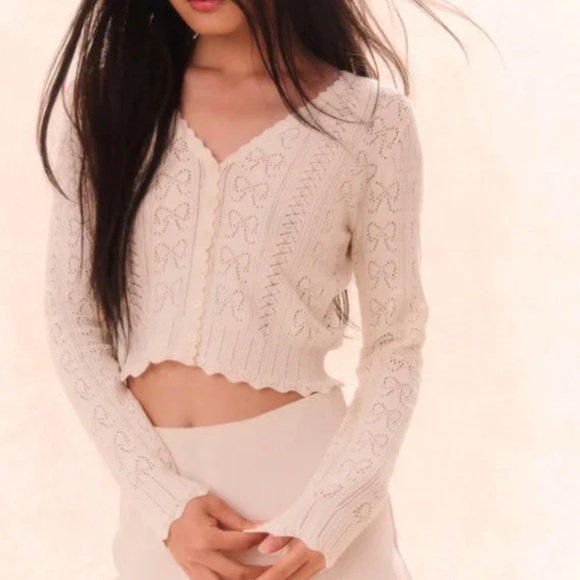 BEST NWT LoveShackFancy Petra Bow Pointelle Cropped Cardigan Ivory White Knit - Picture 2 of 10